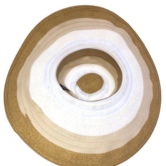 Stunning white tan wide brim cotton canvas straw black bow beach sun hat - Picture 8 of 9